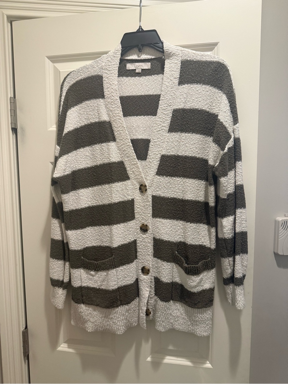 LOFT Cream and Charcoal Wide-Strip Button Cardigan